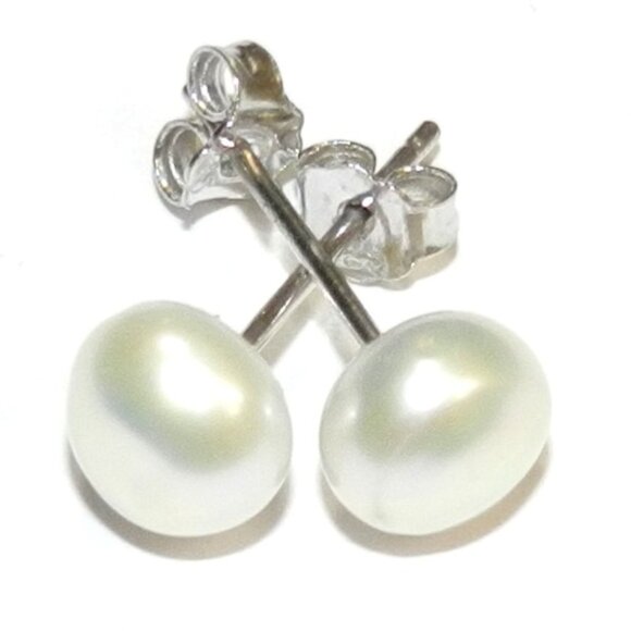White 6mm Round Button Cultured Freshwater Pearl Silver Brass Post Earrings E195 - Picture 1 of 4